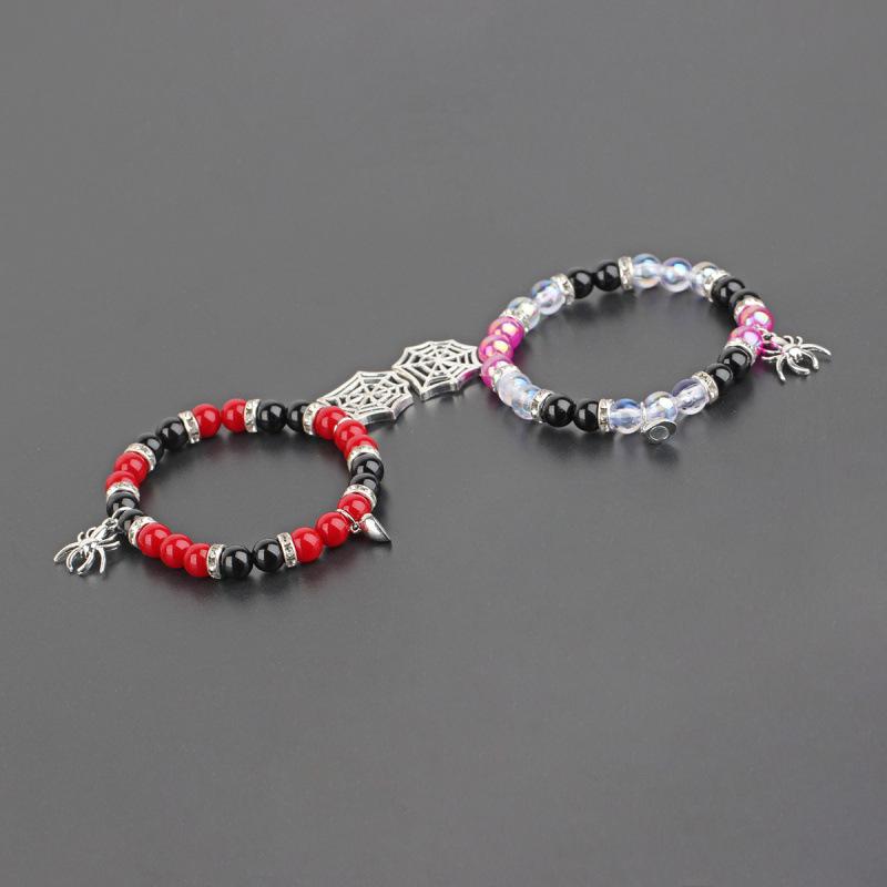 Valentine's Day Heart & Spider Magnetic Bracelet, Elastic Beaded Couple Jewelry