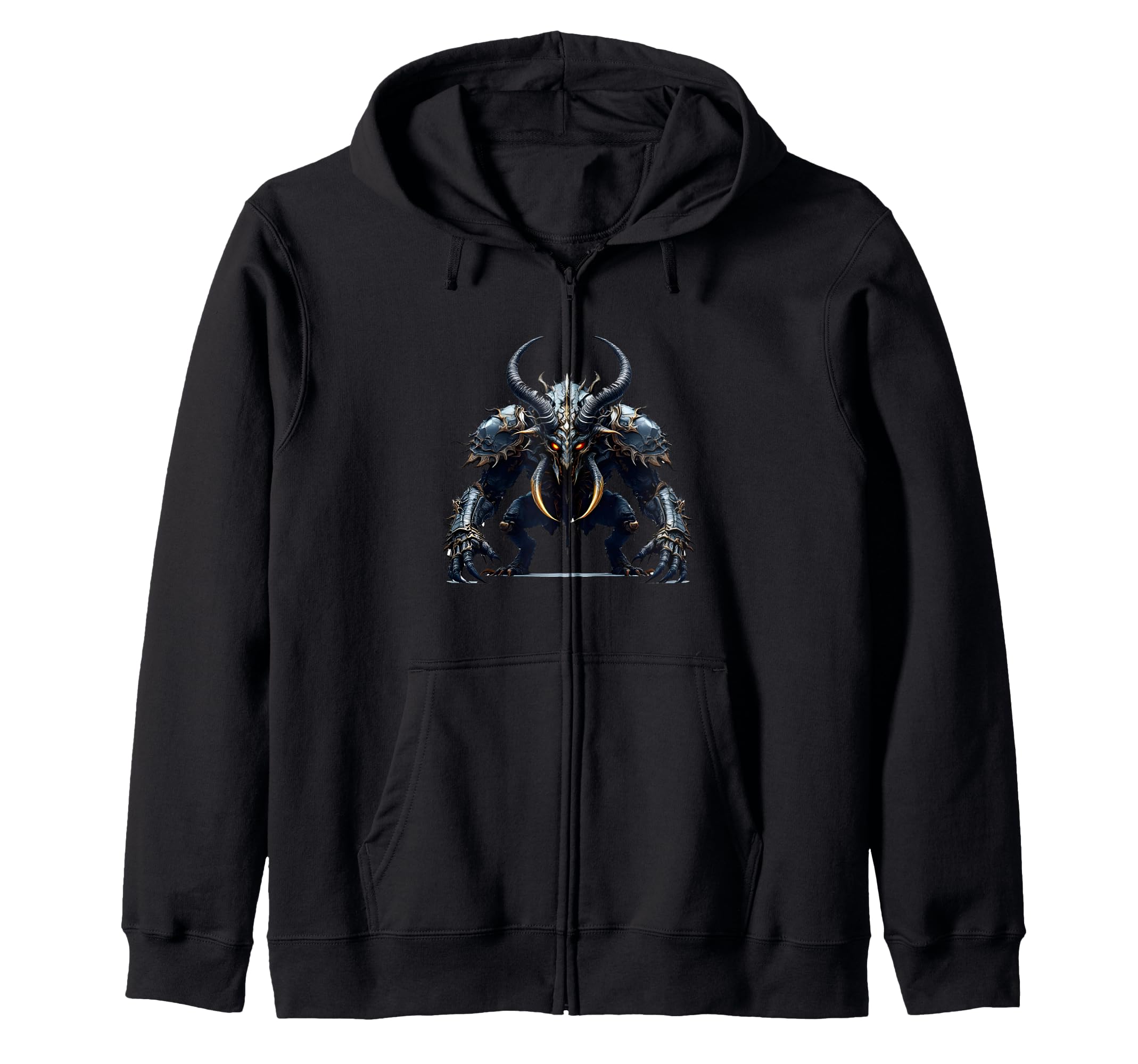 The eyes that glow with the demon horns of a monster are encased in armor, stealing the fantasy of a zip-up hoodie.