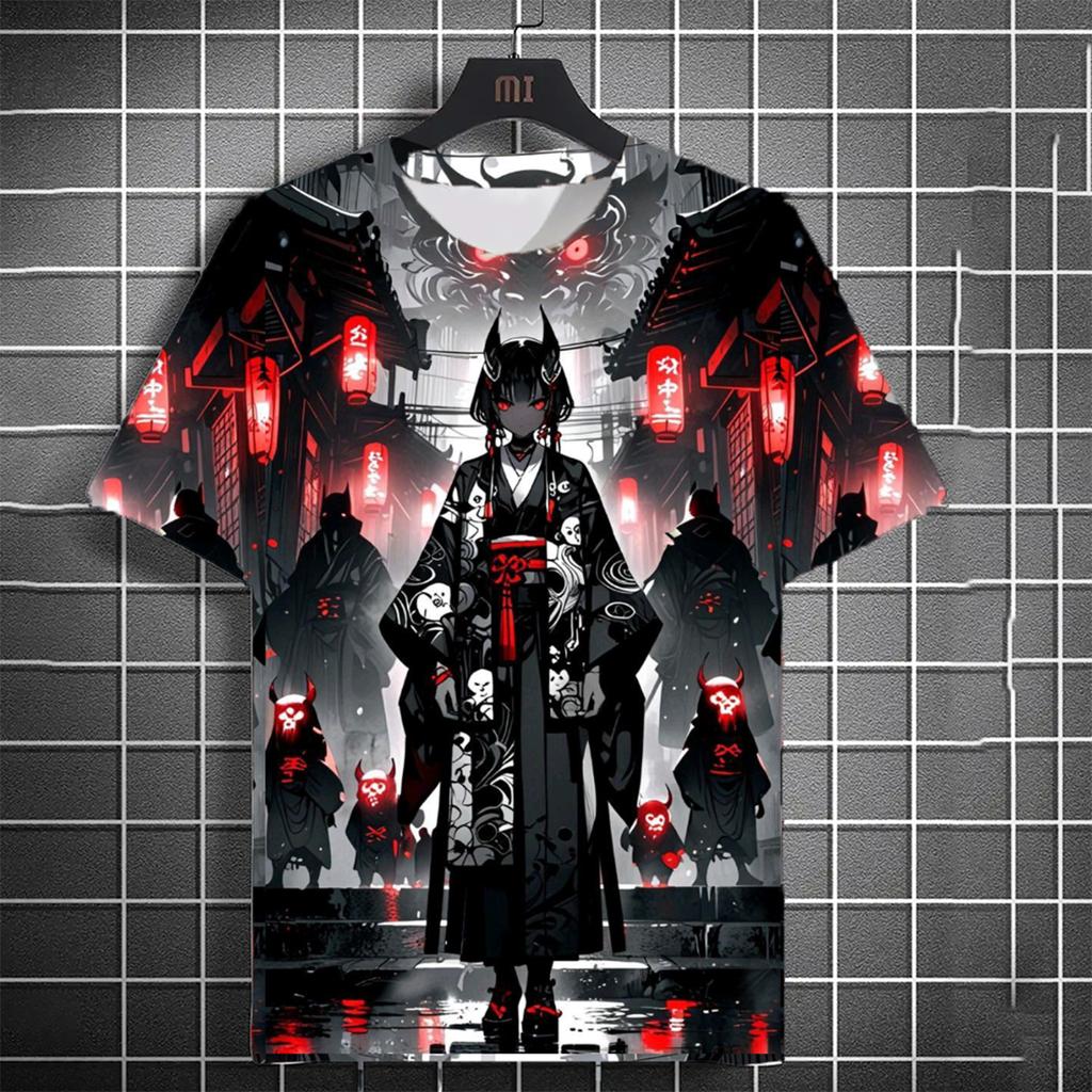 Modny Uniwersalny Męski T-shirt z Nadrukiem 3D Japoński Samuraj Anime Osobowość Okrągły Dekolt Krótki Rękaw Modne T-shirty
