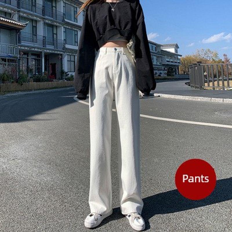 

Джинсы моп серого цвета с высокой посадкой, стройнящие, прямого кроя, женские, новинка 2025 года, весна-осень, больших размеров, свободные, больших размеров, женские брюки широкого кроя White XL Code [Suggested 60.00 kg-67.50 kg]]