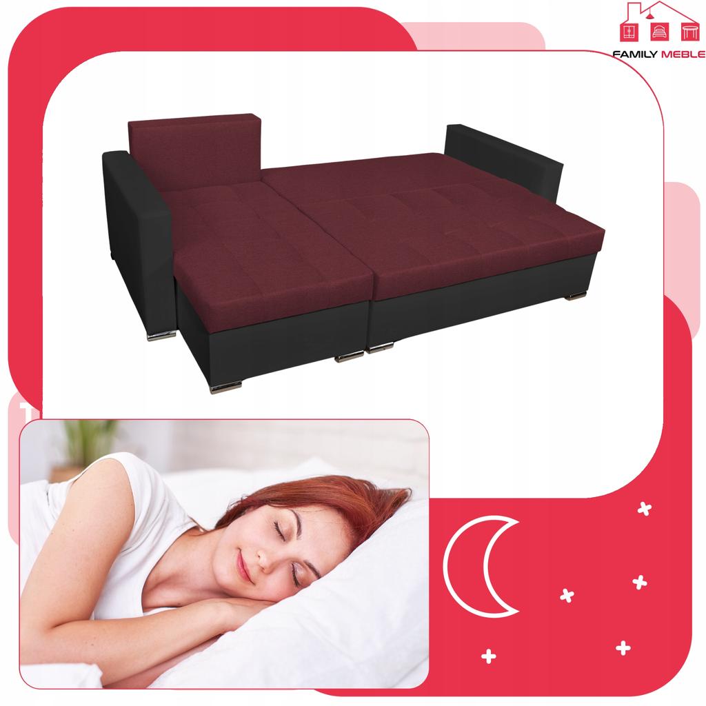 Narożnik Figo rozkładany z funkcją spania rogówka Family Meble czarny bordo