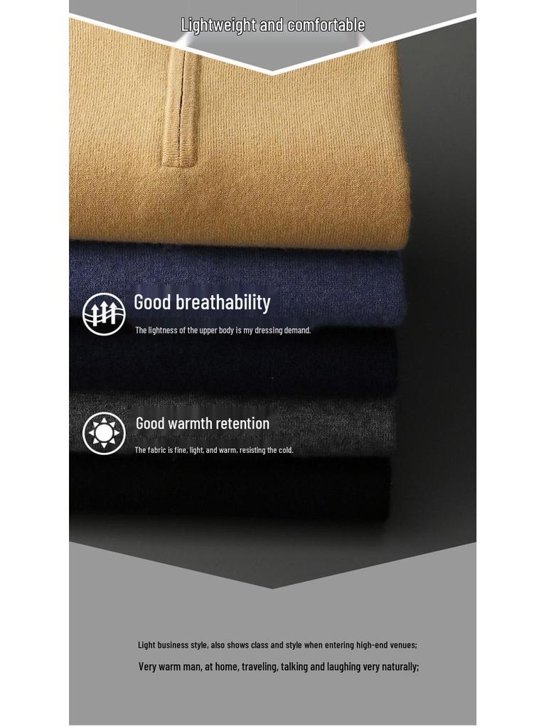 Men's 100% Pure Wool Half-Zip Sweater - Thickened Knit Base Layer for Autumn and Winter