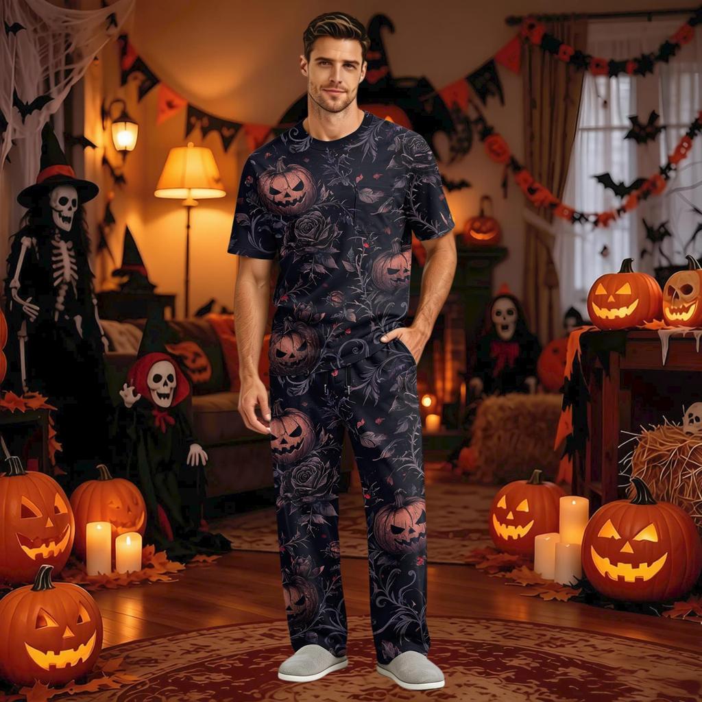 Men's Pajama Set Short Sleeve Top and Long Pants with Button Crotch and Elastic Waist Drawstring