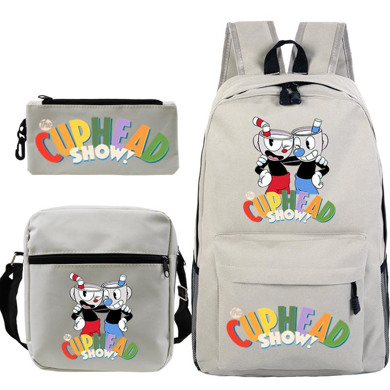 Cartoon Teacup Head Cuphead Student School Bag Backpack Three-piece Set Children's Shoulder Bag Pencil Bag
