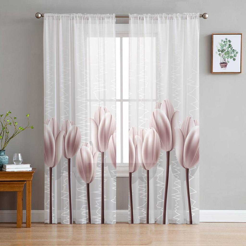 Abstract Pink Tulip Portrait Chiffon Sheer Curtains for Living Room Bedroom Home Decoration Window Voile Tulle Curtain Drapes