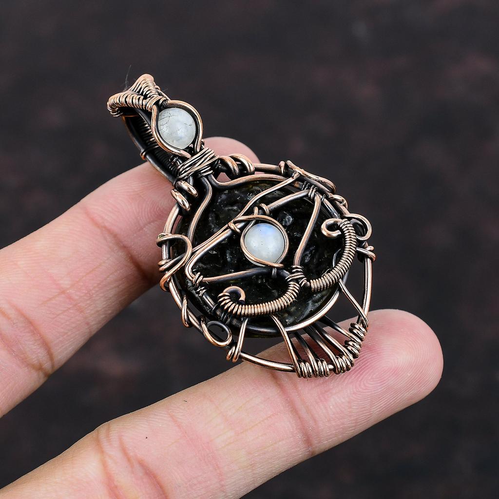 Evil Eye Moldavite Pendant Copper Wire Wrapped Pendant Rainbow Moonstone Pendant Gemstone Pendant Wedding Gift Handmade Copper Wire Jewelry