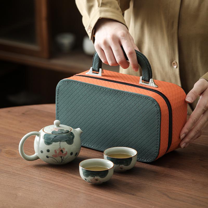 Hand-Painted Ge Kiln Ceramic Kung Fu Tea Set: Teapot & Two Cups Portable Set