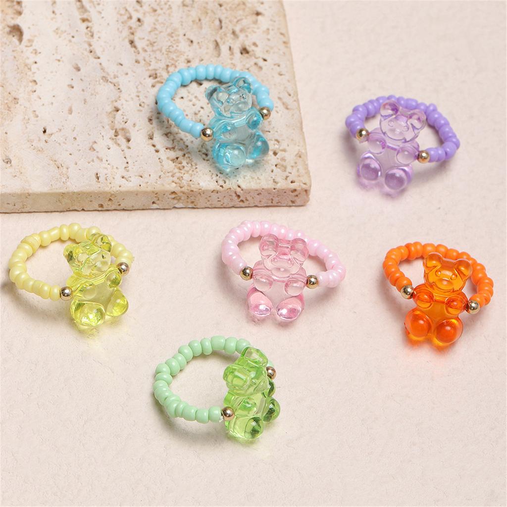 6pcs Cartoon Bear Pendant Rings Unique Elastic Beaded Rings Adjustable Finger Rings Ornament Colorful Resin Accessories