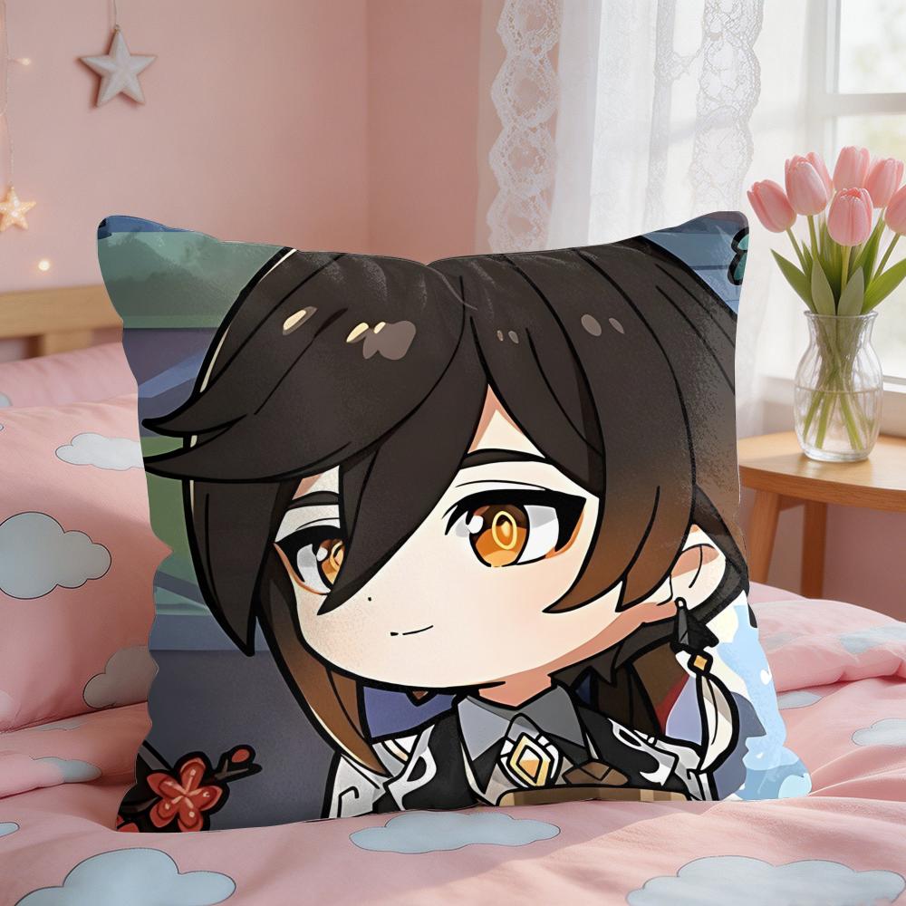 Zhongli Cute Genshin Impact Cushion Cover Square Short Plush Pillow Case Living Room Sofa Home Decor Funda X