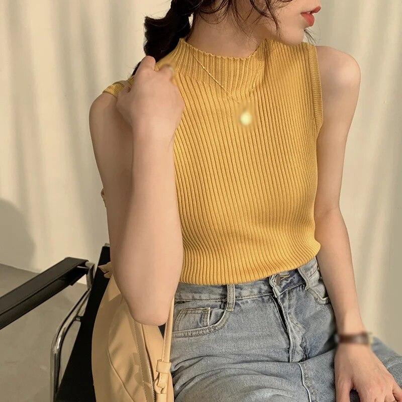 Ženy Jednoduchá vnitřní základna Pletená vesta Small Sling Wear Retro Oblek s odpovídající chutí Top Bez rukávů