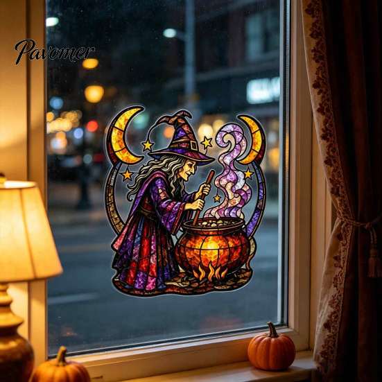 Decorative Glass Mirror Stickers Halloween Witch And Medicine Cauldron Window Sticker, Stained Effect PVC Decal Clings for Doors Mirrors, Removable