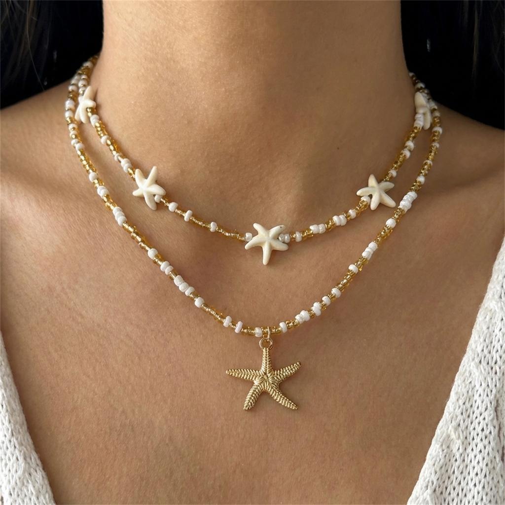 Boho Multilayer Starfish Shell Conch Pendant Necklace For Women Trendy Summer Beach Pearl Chains Choker Travel Party Jewelry