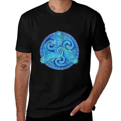 Seepferdchen Triskele Blau Keltische Mandala T-Shirt Baumwoll-T-Shirt Packung Herren T-Shirts Grafik-T-Shirt