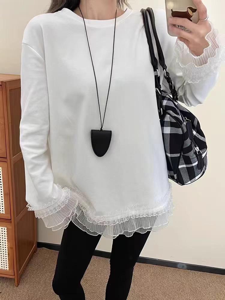 Plus Size Women's White Lace Embroidered T-shirt, Spring 2025 Collection: Loose Fit, Versatile Outerwear Top