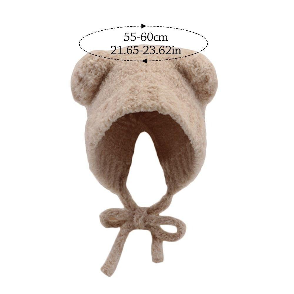 Lace-up Ear Protection Hat Warm Plush Beanie Cap Cute Bear Ears Knit Hat Cold Weather