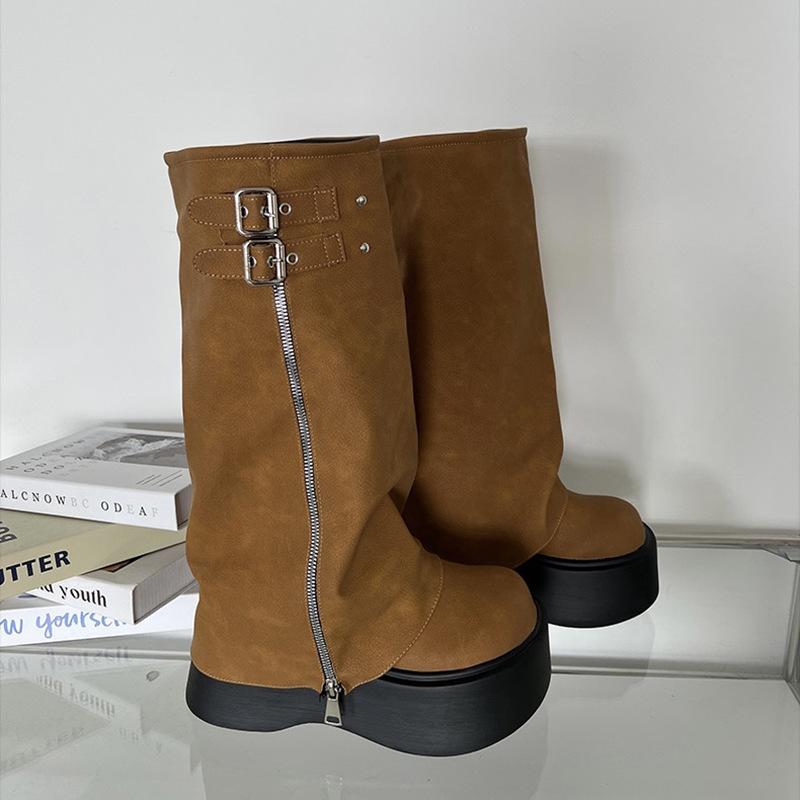 Winter Women Biker Boots Fashion Belt Buckle Ladies Elegant Platform Long Pipe Booties Casual Women's Knee High Booties