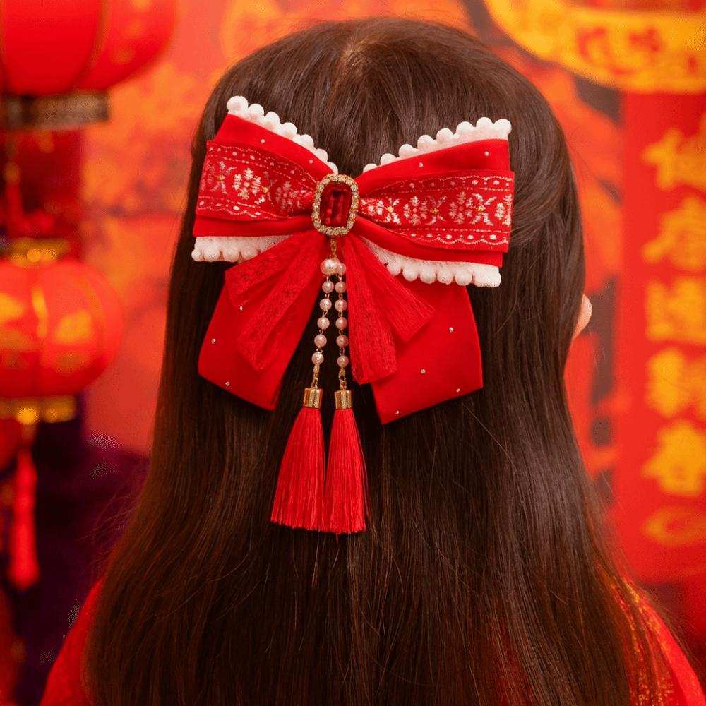 Flower New Year Hairpin Red Hanfu Hair Ornamen Cute Bow Ribbon Hair Clip  Girls