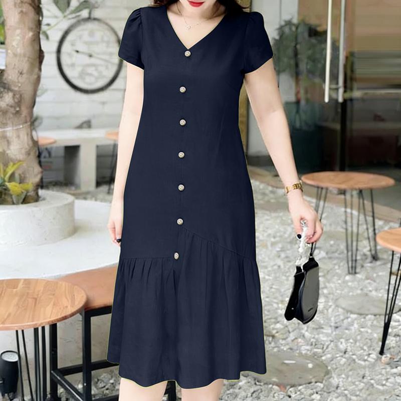 ZANZEA Women Casual V-Neck Summer Short Sleeve Solid Color Dress