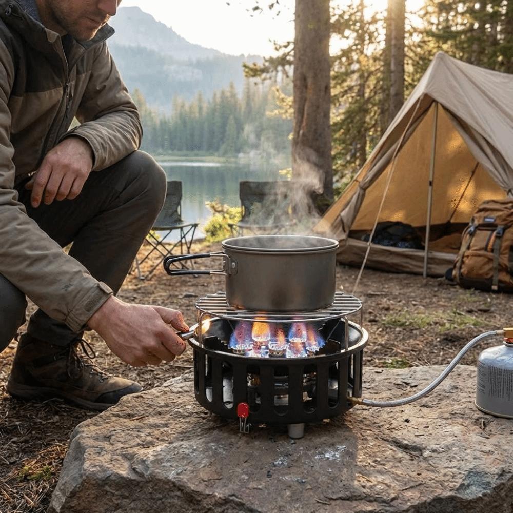 7-Core Camping Stove Electronic Ignition Portable Design Windproof Stove High Flame Output Extended Catheter High-Power Burner