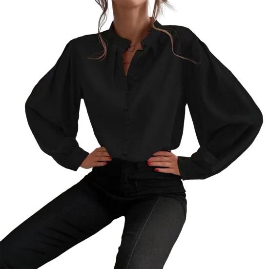 Women Shirt Stand Collar Puff Long Sleeve Buttons Placket Shirt Tops Pure Color Loose