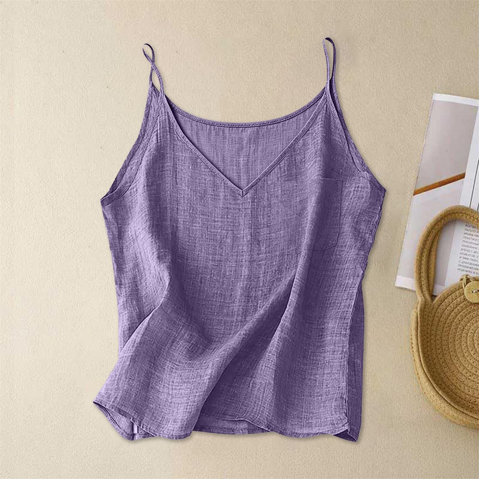 

Women’s V Neck Sleeveless Casual Tank Top with Pocket Relaxed Fit Lightweight Linen Vest Shirt for Summer M