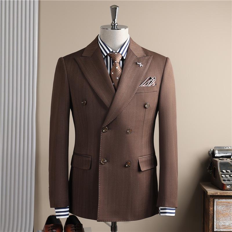 Men's High-End Pinstripe Wool Double-Breasted Three-Piece Suit: Anti-Wrinkle, Formal Groomwear