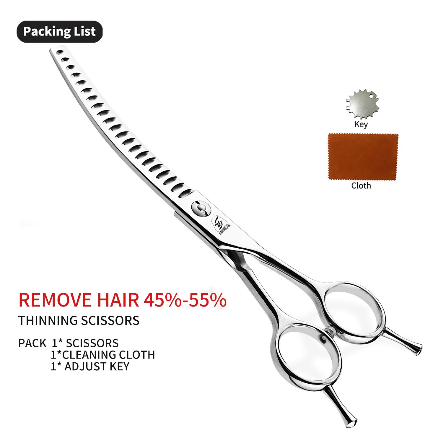 

Sangelar 7 дюймов серебряные профессиональные изогнутые филировочные ножницы для ухода за домашними животными (Доступны два уровня прореживания, двустороннее использование) Remove Hair 45%-55% серебряный