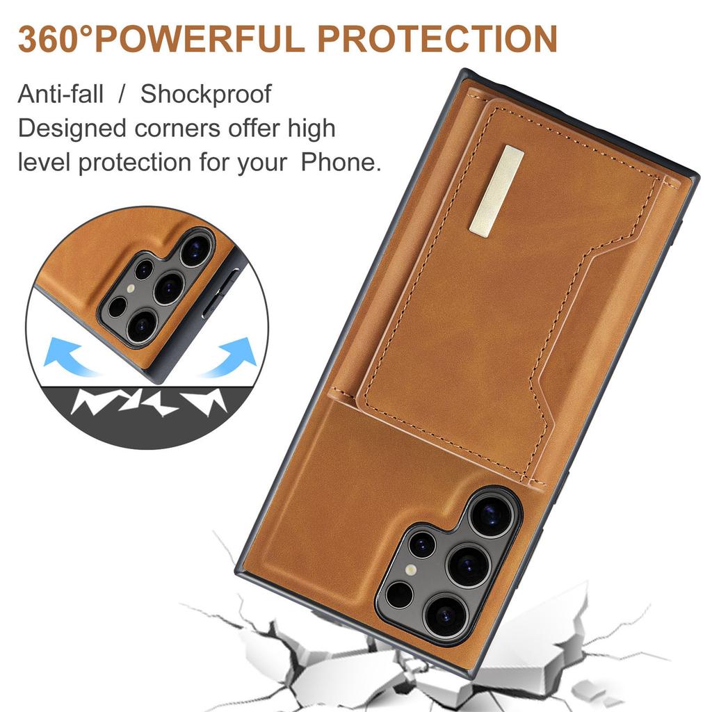 Phone Case Magnetic Card Holder Wallet Stand Cover Fit for Samsung Galaxy S22 Brown S22 Ultra