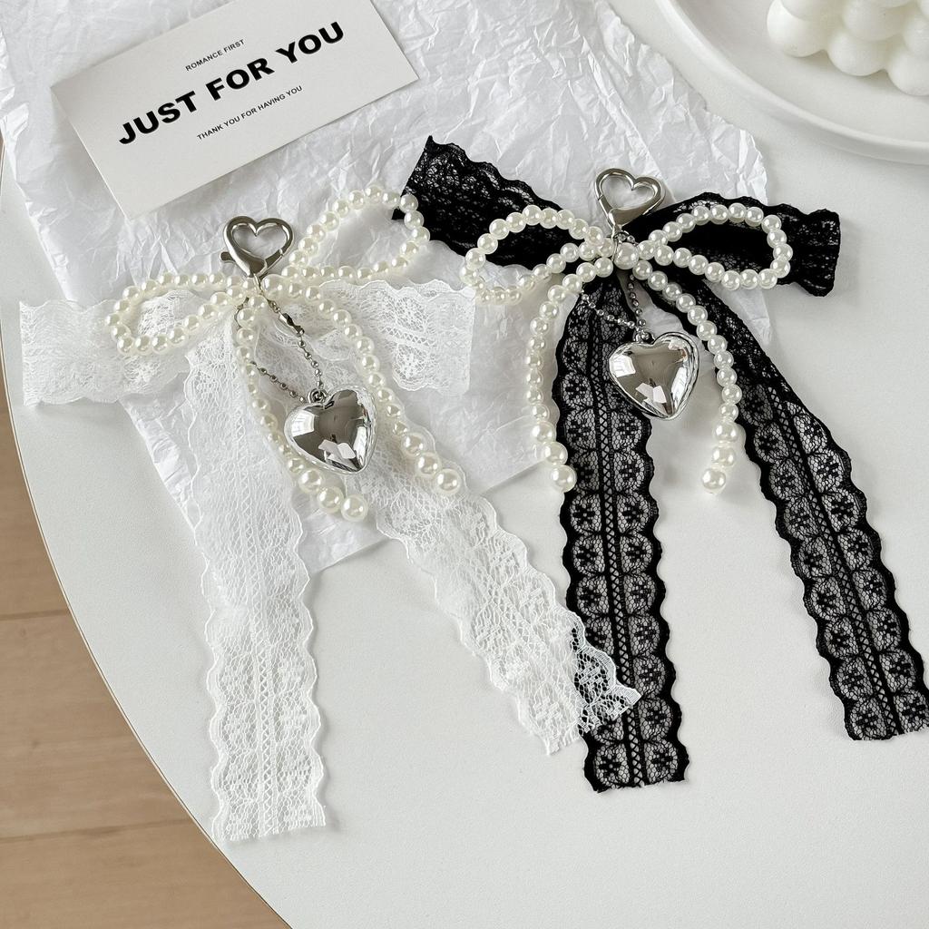 Korean Lace Bow Bag Pendant Beaded Pearl Bow Jewelry Accessories Ins Style Love Keychain