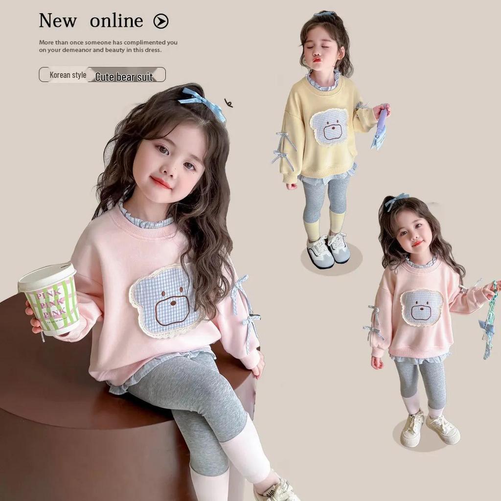 Höst Koreansk Stil Flickors Patchwork Sweatshirt & Leggings Set