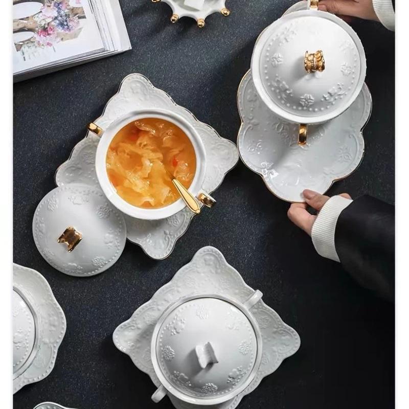 European Embossed Butterfly Ceramic Bowl with Lid & Double Handles, Breakfast, Dessert & Oatmeal Bowl