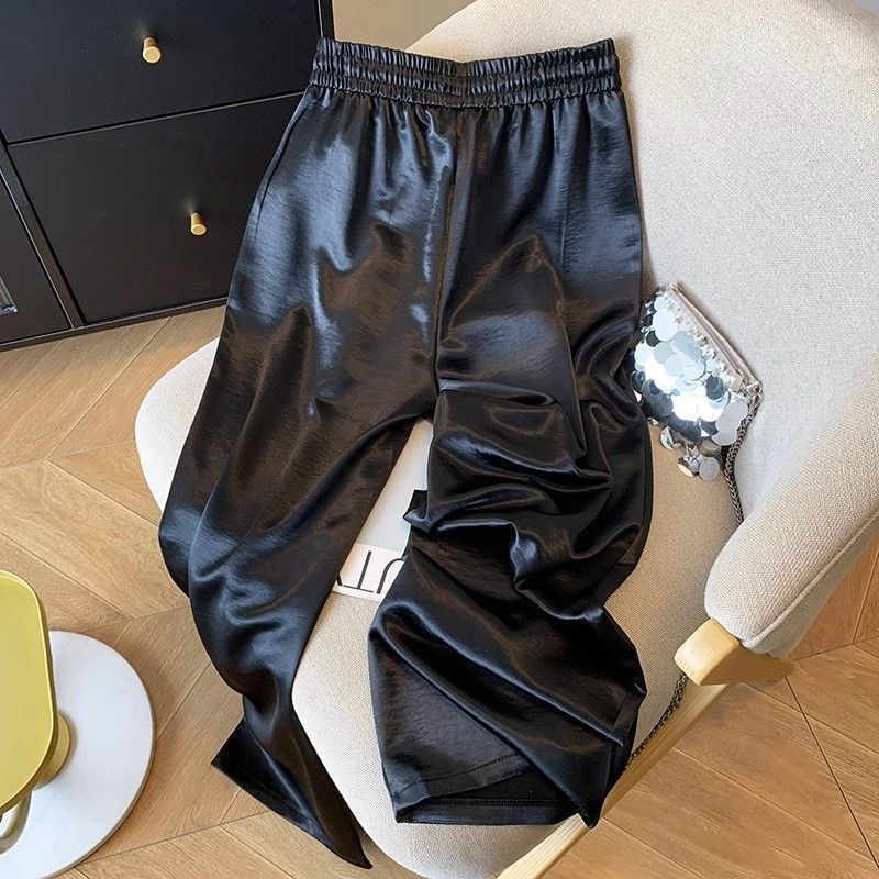 Women's Spring and Summer Satin Wide Leg Pants, Loose Casual Pants, Straight Leg High Waisted Floor Pants