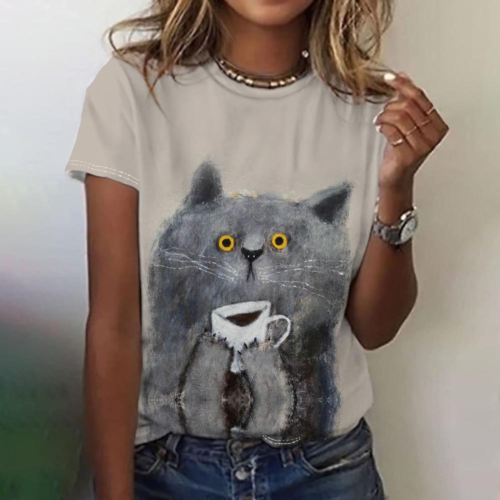 Schönes Katzenmotiv Damen O-Ausschnitt Locker Kurzarm T-Shirts Kawaii Stil Pullover