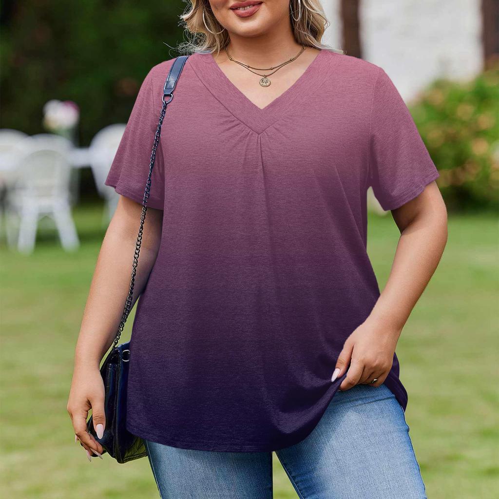 Damska Modna Codzienna Luźna Bluzka Plus Size z Krótkim Rękawem Elegancka z Dekoltem V Do Pracy