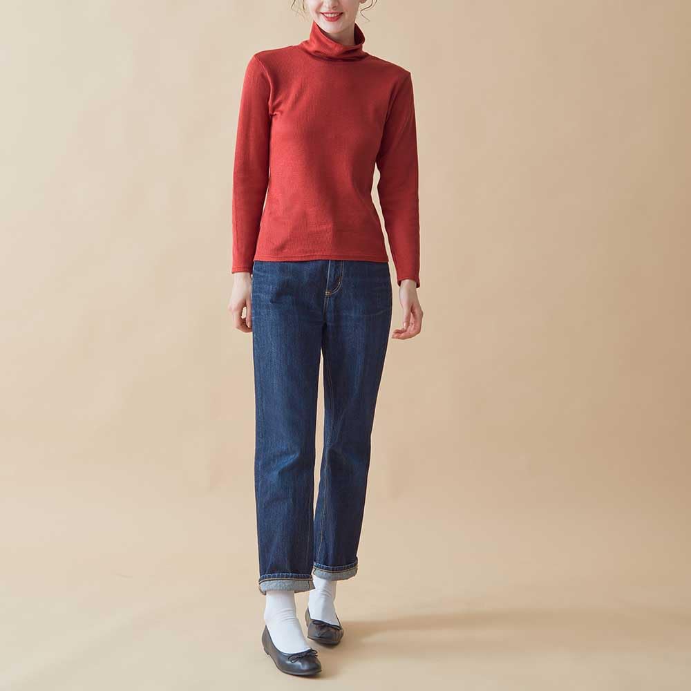 Gunze HOTMAGIC MH8445 Long Sleeve Cotton Warm Inner Rib Cherry Red Women's T-Shirt, Blend, Moisture-Wicking, Heat-Generating, Material,