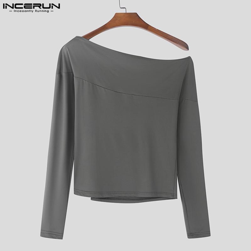 INCERUN Men Off Shoulder Bandage Lace Up Fitted Long Sleeve Crop Tops
