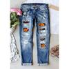 Women Mid Waist Straight Leg Ripped Printed Patchwork Denim Long Pants