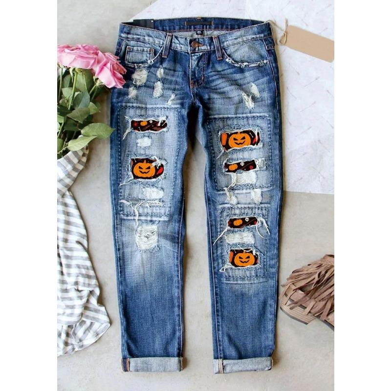 Women Mid Waist Straight Leg Ripped Printed Patchwork Denim Long Pants
