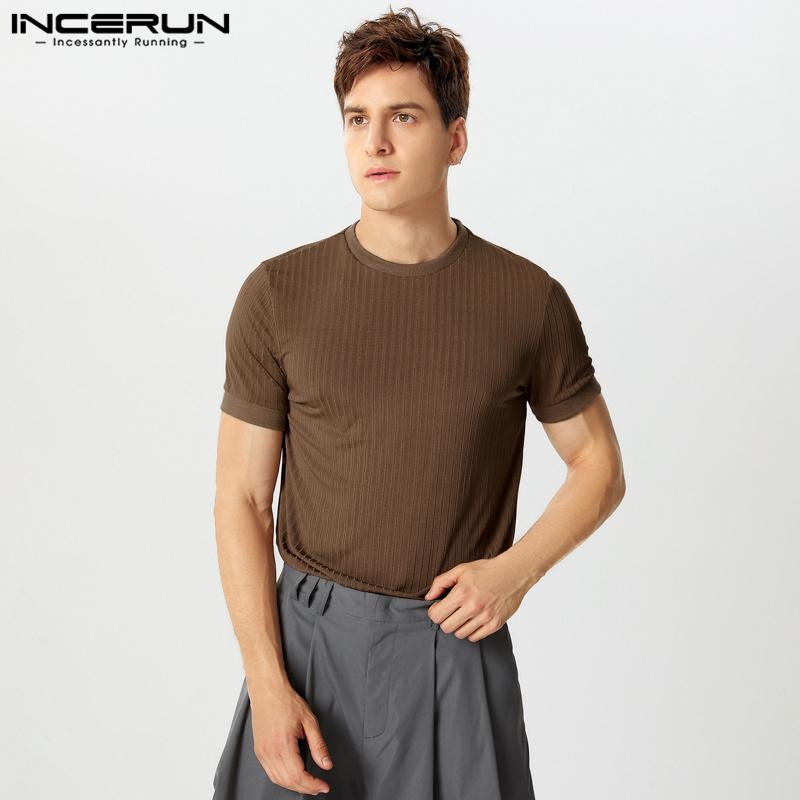

INCERUN Летние мужские футболки с коротким рукавом, трикотажные топы в рубчик XL коричневый