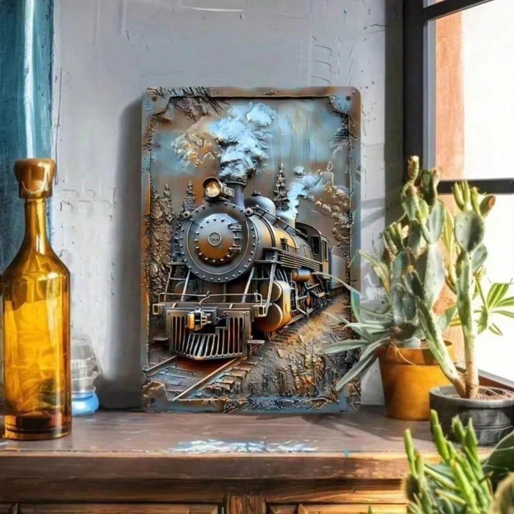 Vintage Metal Train Poster Wall Art Retro Steam Locomotive Sign for Bar Cafe Decor