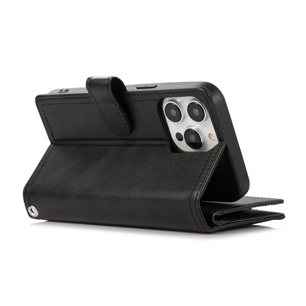 For iPhone 15 Pro Split Leather Stand Cover Multiple Card Slots Wallet Phone Case with Strap