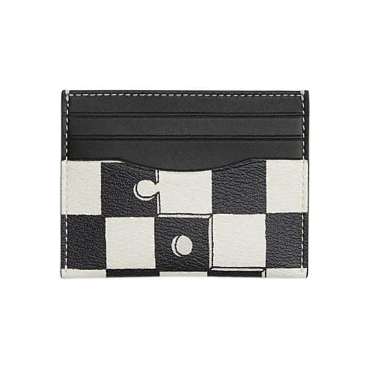 Coach Card Case 10 Checkered Print Faux Leather And Plastic With Cowhide Women Card Case Black Chalk-White CR396-QBA16