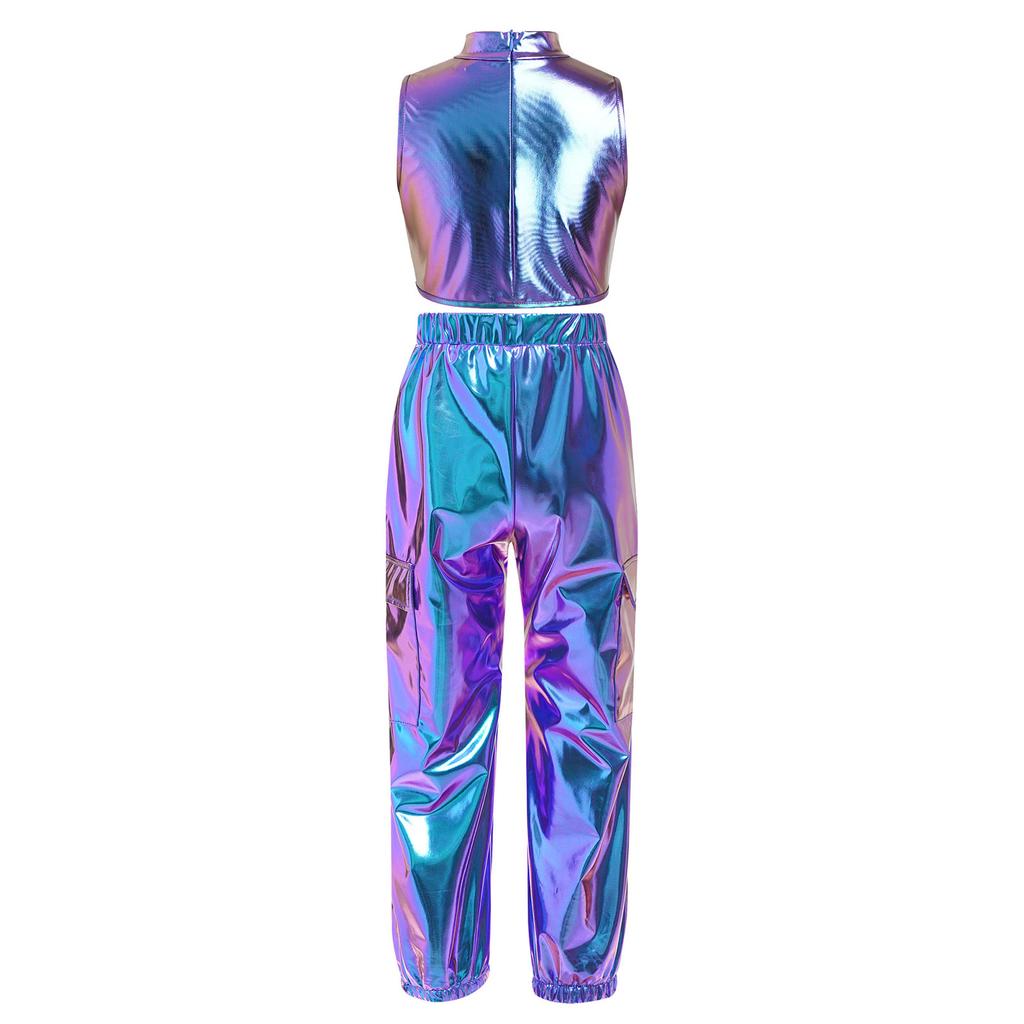 Mädchen Jazz Dance Crop Top Stehkragen Ärmellos Verdeckter Reißverschluss Hinten Pailletten Metallisches Patchwork Rüschen mit Glänzender Hose für Bühnenauftritt