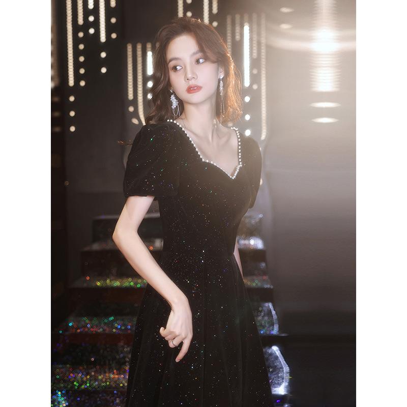 Black evening dress women's 1011 new summer banquet temperament socialite French annual meeting art test host dress