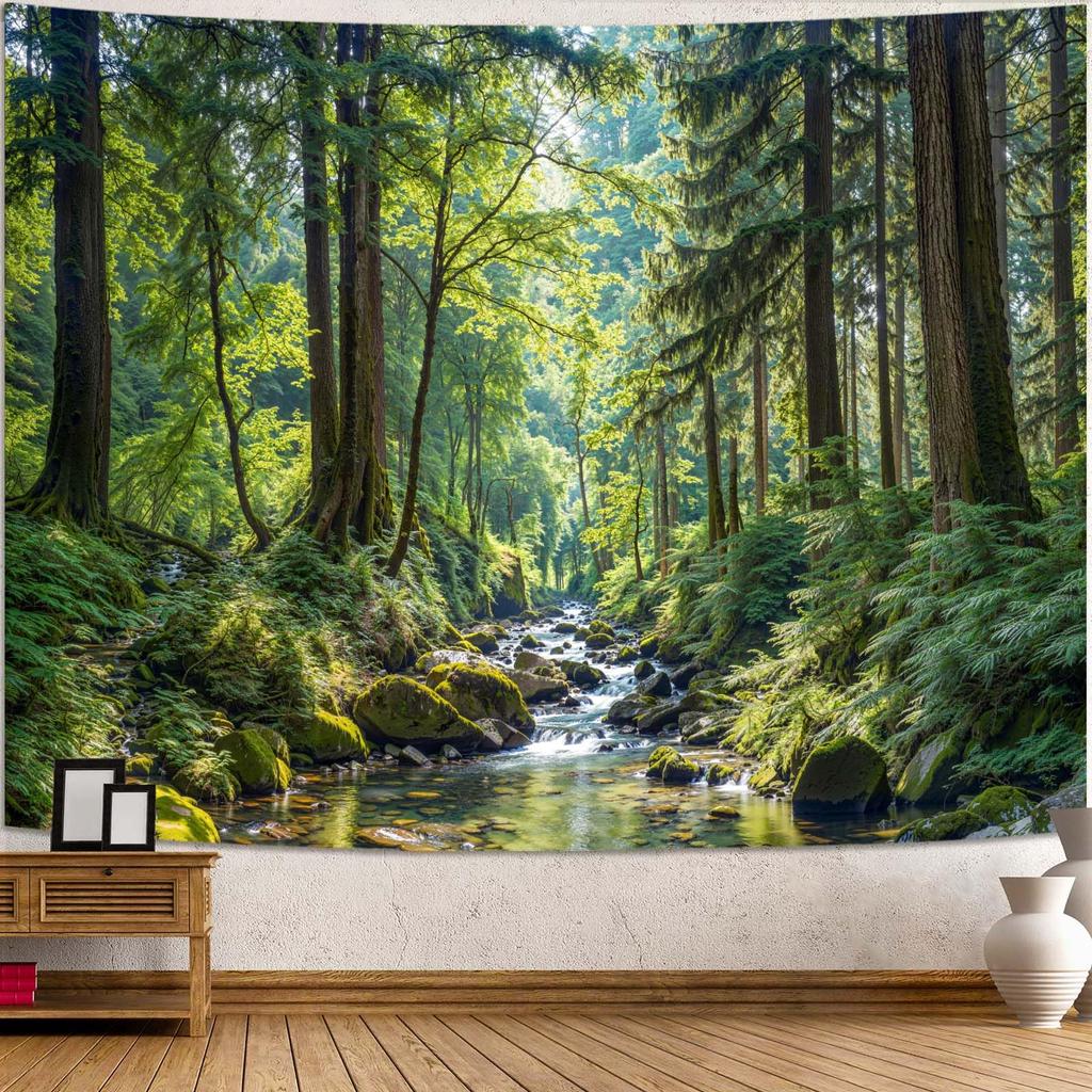 Misty Forest Tapestry, Serene Pine Trees With Sunbeams And Snowy Mountain Wall Art For Nature Lovers And Calm Room Decor
