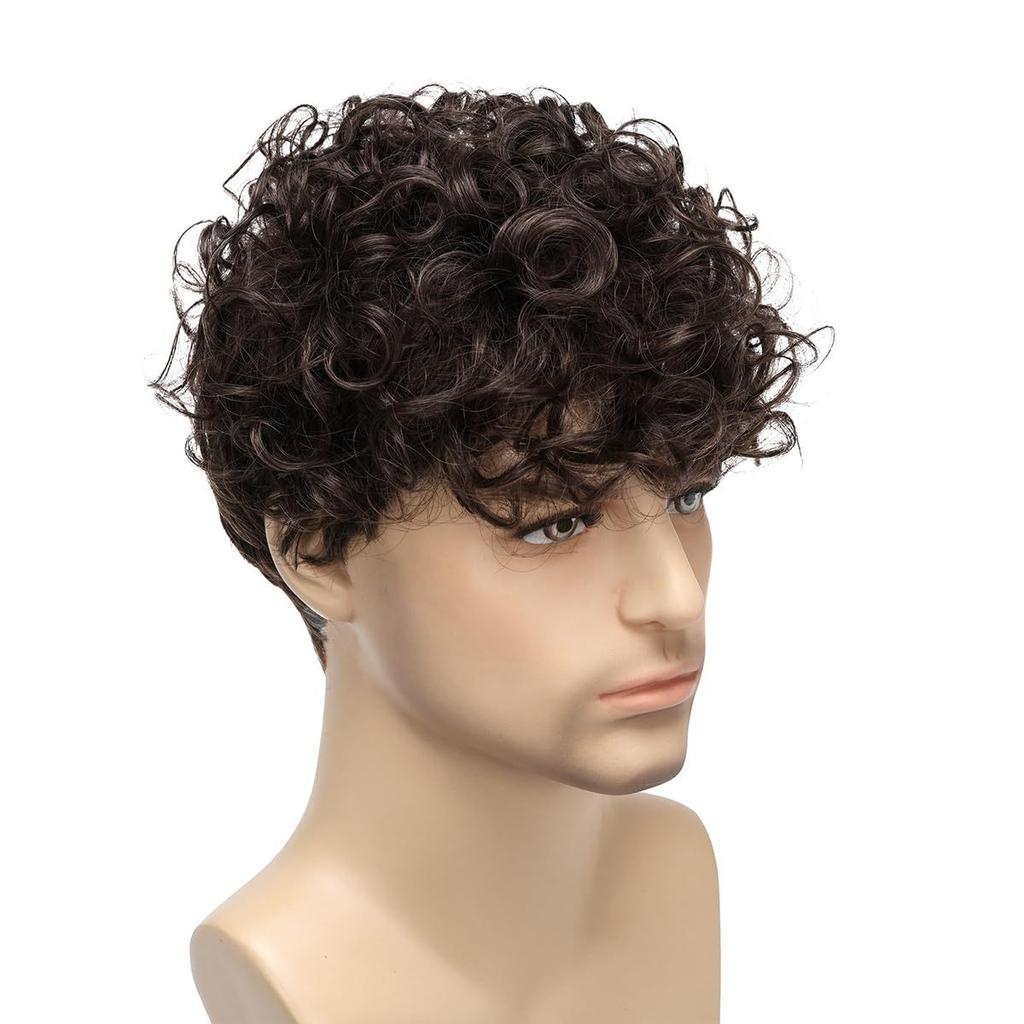 Men Short Curly Black Wigs Daily Cosplay Costume Synthetic Brown Hair With Bangs High Temperature Fiber
