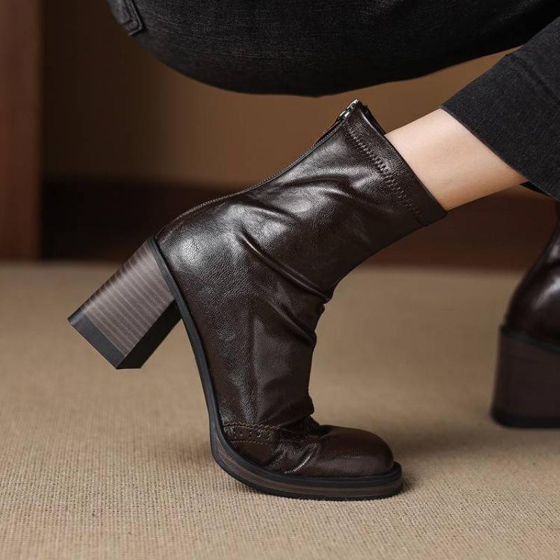 New women's high-heeled large-size medium boots rear zipper non-slip Martin boots Korean version round head rubber sole square heel women's boots