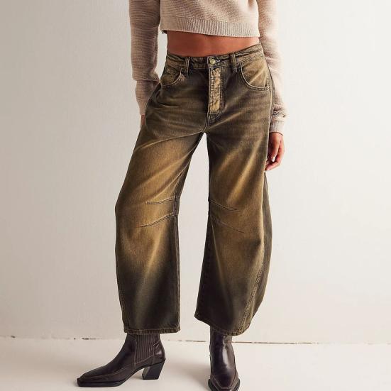 Women Jeans Denim Loose Straight Wide Leg Mid Waist Gradient Color Hip Hop Retro Ankle Length Pockets Soft Breathable Lady Long Pants Trousers