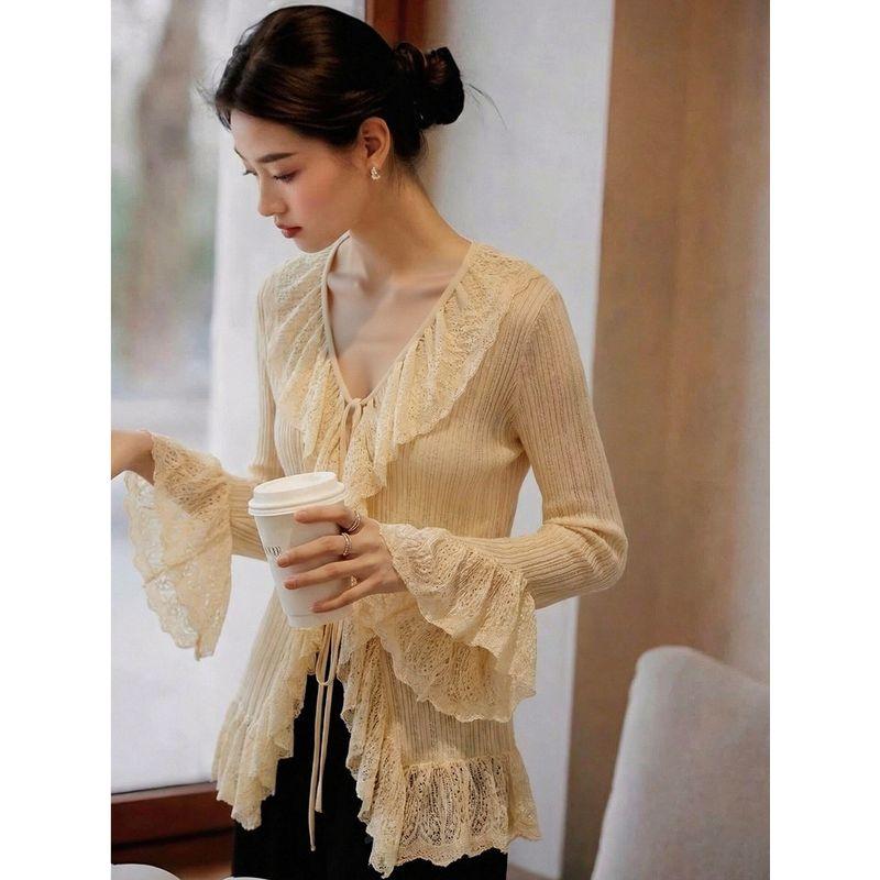 French-Style Lace Ruffle V-Neck Waist-Cinching Knitted Cardigan for Women, Elegant and Fashionable Apricot-Colored Top for Spring
