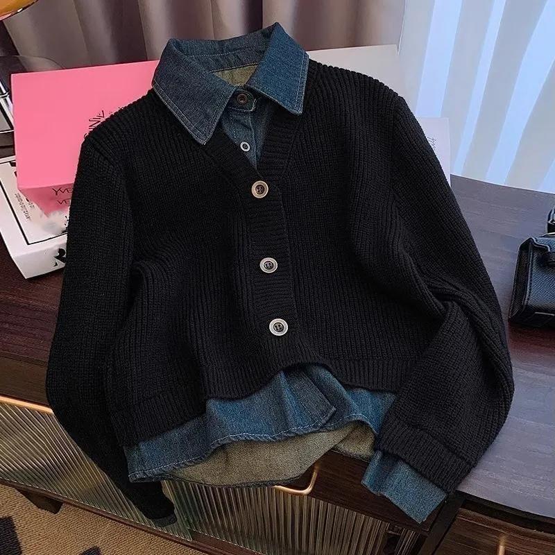 

Women s Autumn Winter Retro Knitted Cardigan Sweater Spliced Denim Coat Female Casual Tops 2XL чорний